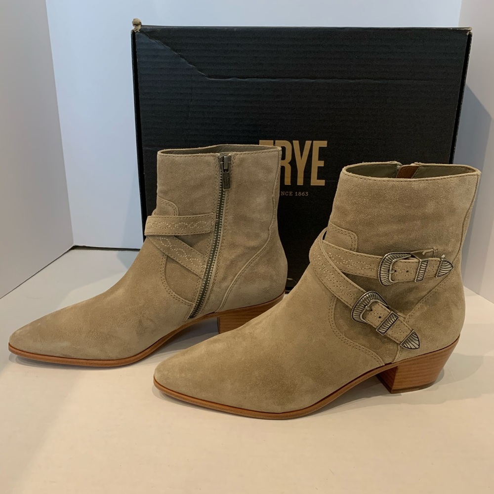 Frye Brown Buckle Short Suede Booties